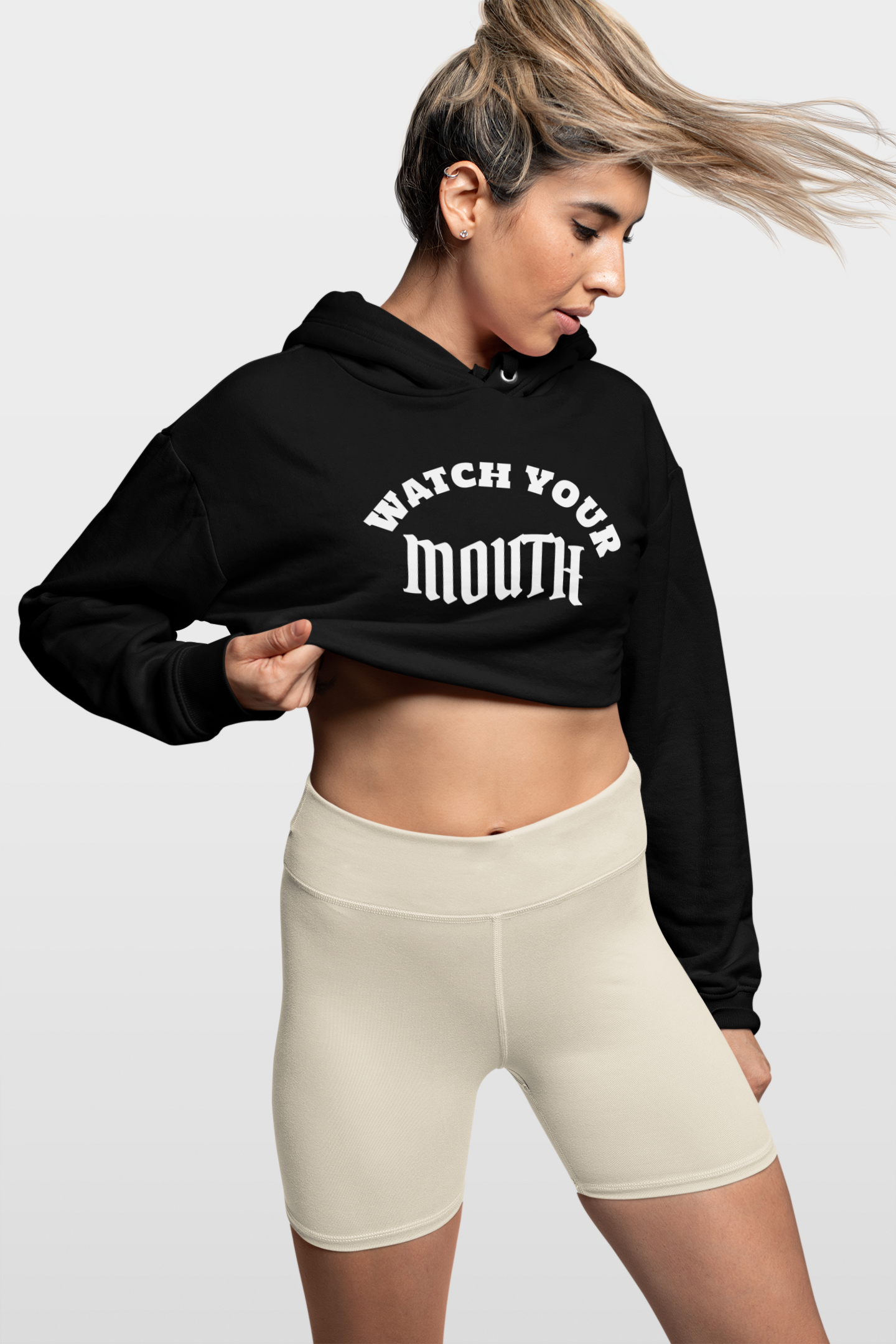CROP HOODIES : BLACK : WATCH YOUR MOUTH