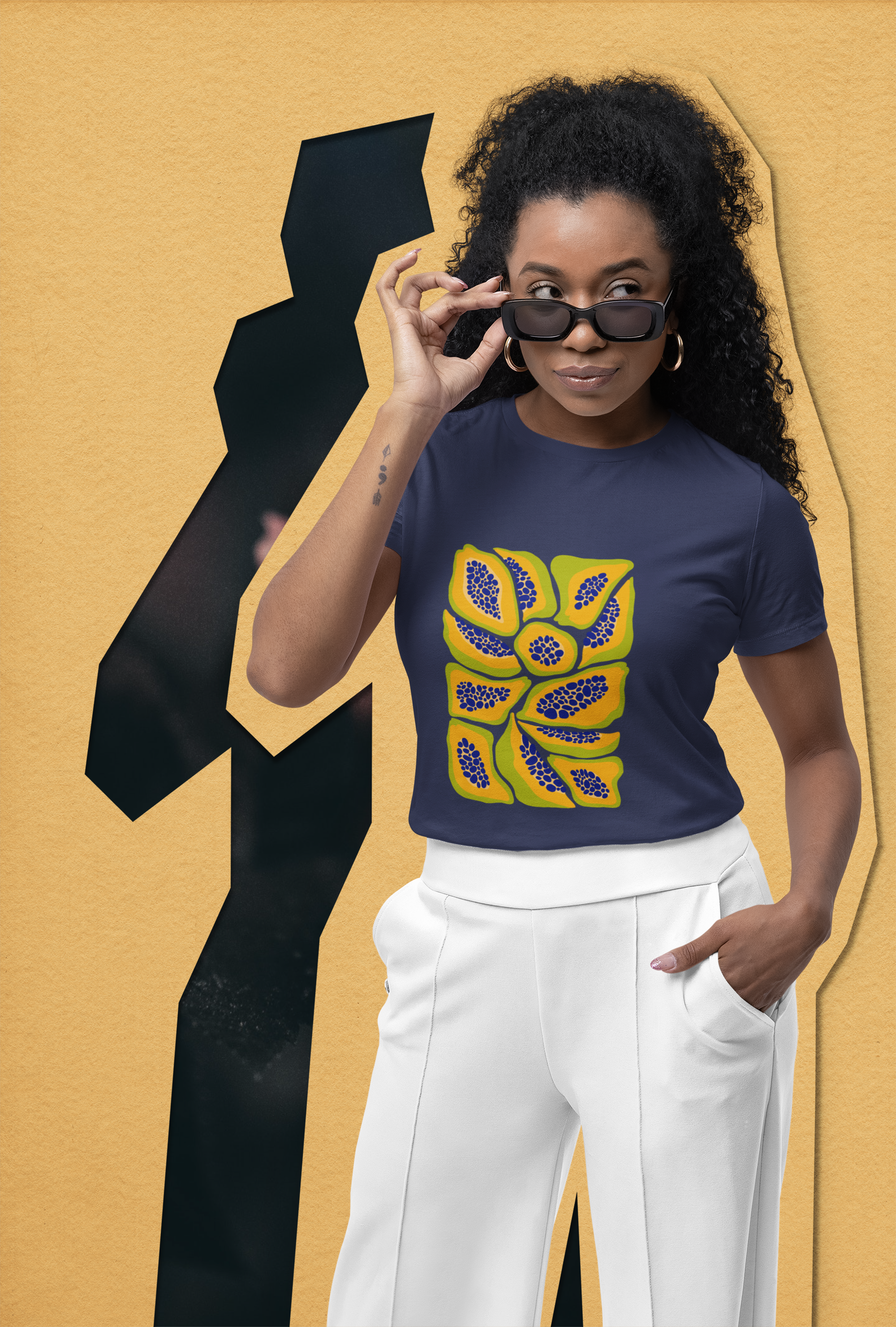 WOMEN'S T-SHIRT NAVY BLUE : PAPAYA